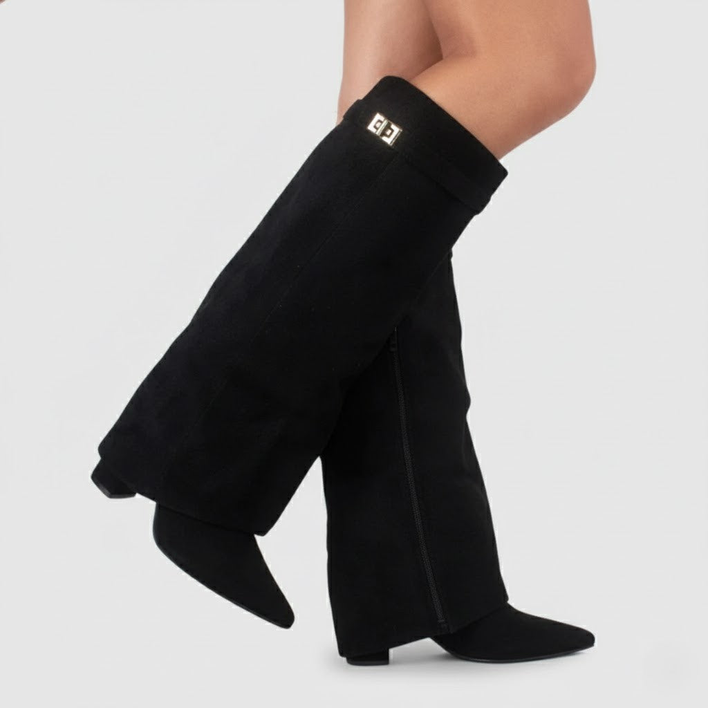 Elegante Damen Overknee-Stiefel 'Yvonne' in Wildlederoptik mit Schnallen-Detail