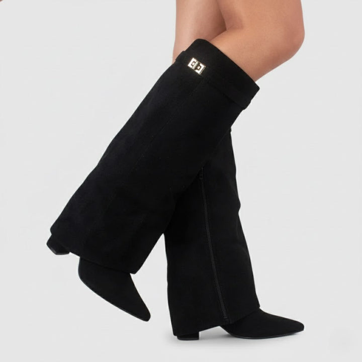 Elegante Damen Overknee-Stiefel 'Yvonne' in Wildlederoptik mit Schnallen-Detail