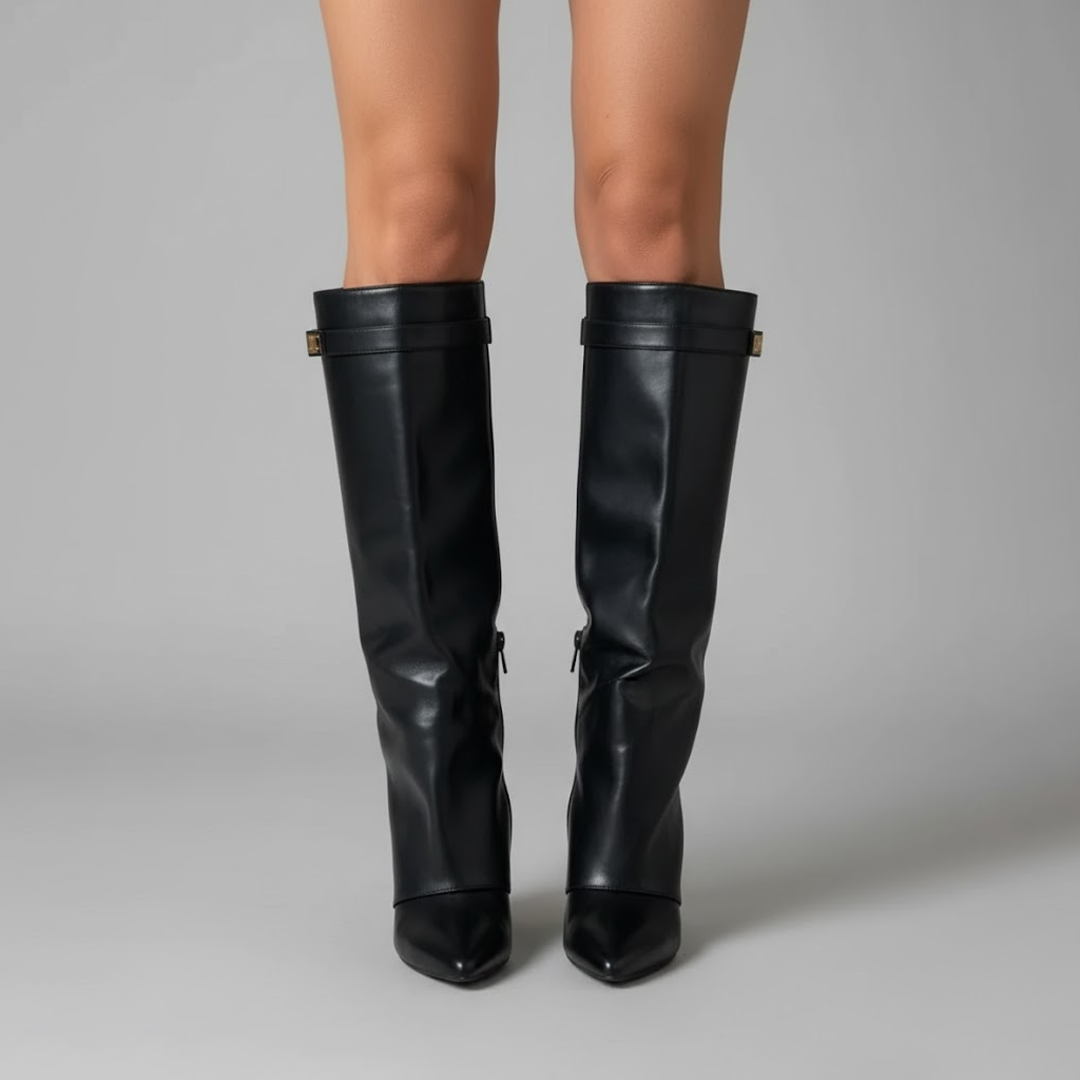 Moderne Damen-Stiefel über dem Knie, Kunstwildleder mit Schnallen-Design