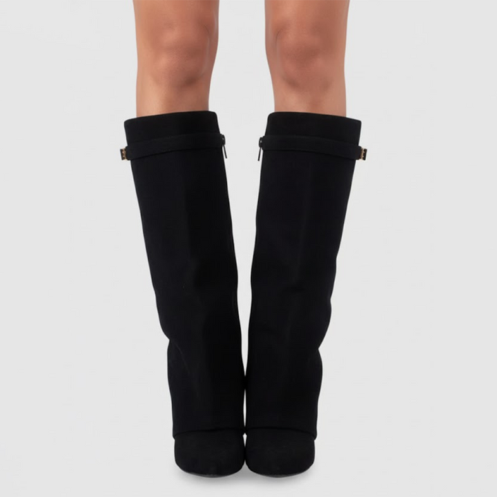 Modische Overknee-Stiefel für Damen, braun, mit Absatz und dekorativer Schnalle