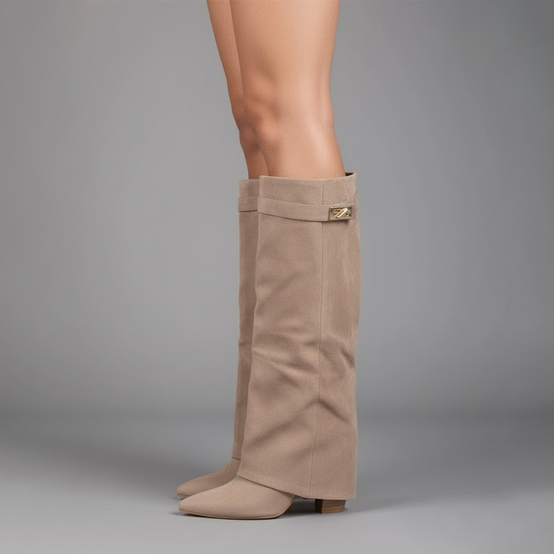 Winterliche Overknee-Stiefel für Damen mit Blockabsatz und Schnallenverzierung