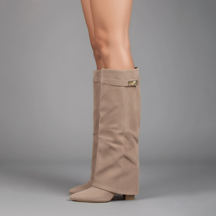 Winterliche Overknee-Stiefel für Damen mit Blockabsatz und Schnallenverzierung