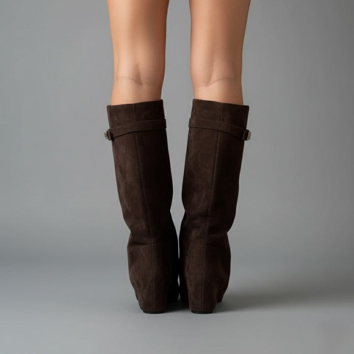 Schwarze elegante Stiefel für Damen, Kniehöhe, Schnallen-Akzent