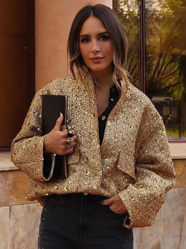 Elegante Damen Pailletten-Bomberjacke in Gold, perfekt für glitzernde Abendmode & festliche Anlässe.
