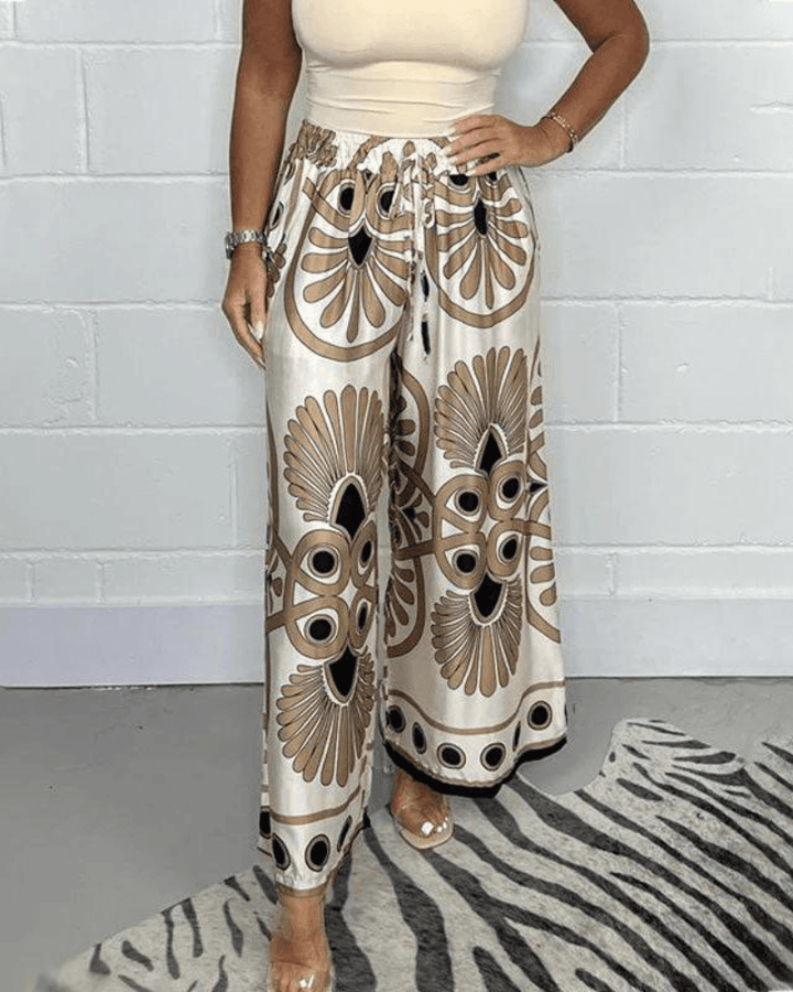 Komfortable Palazzohose für Damen mit hohem Bund und Kordelzug, ideal für Frühjahr und Sommer.