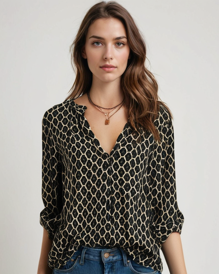 Elegante Damenbluse mit V-Ausschnitt, Langarm und modernem geometrischem Muster. Ideal für Frühling & Sommer.