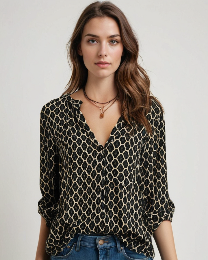 Elegante Damenbluse mit V-Ausschnitt, Langarm und modernem geometrischem Muster. Ideal für Frühling & Sommer.