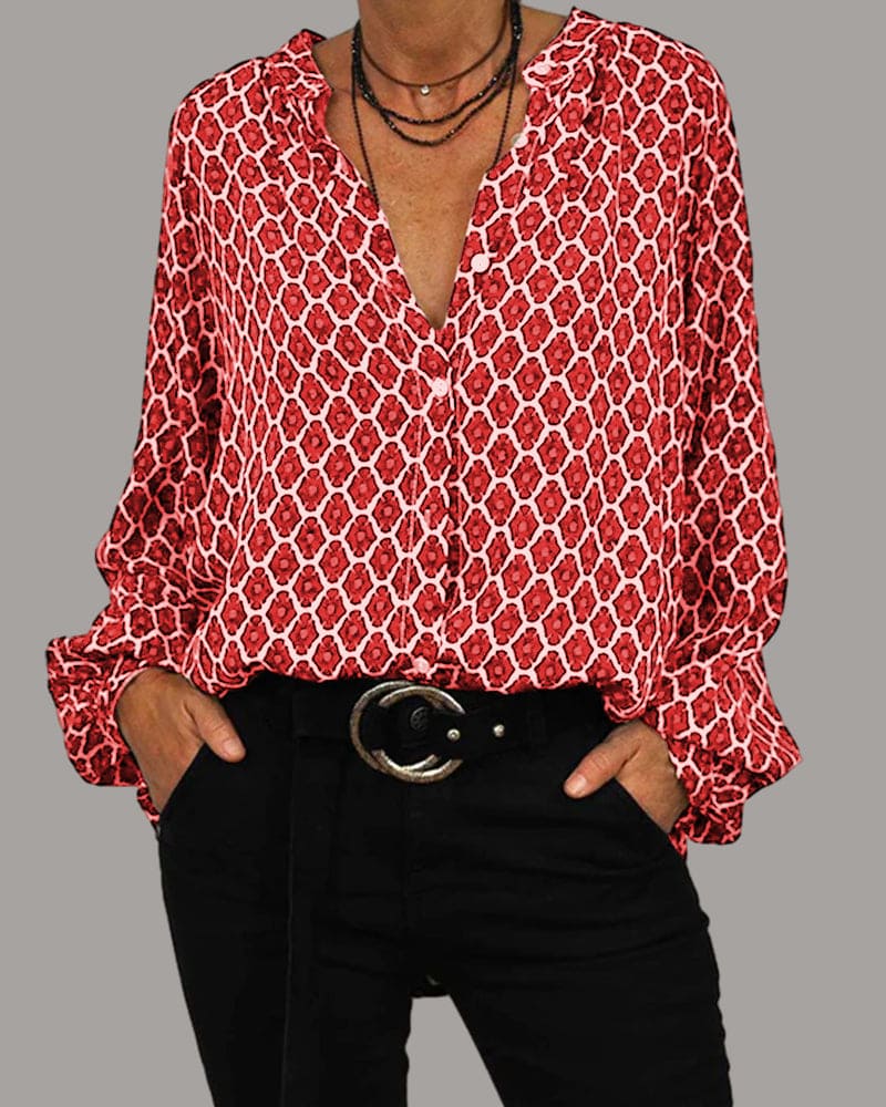 Elegante Damenbluse mit V-Ausschnitt, Langarm & modischem geometrischem Design. Perfekt für Business & Freizeit.