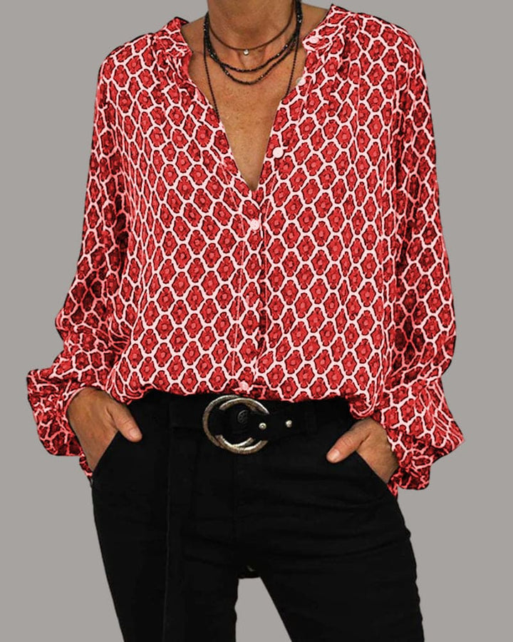 Elegante Damenbluse mit V-Ausschnitt, Langarm & modischem geometrischem Design. Perfekt für Business & Freizeit.