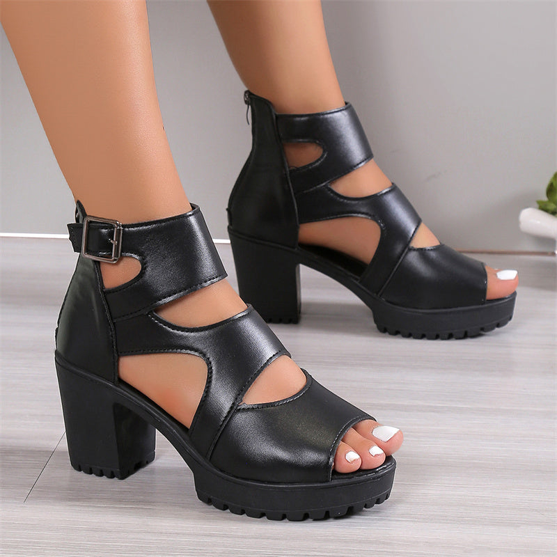 Elegante Damensandalen mit Peep-Toe-Design, hohem Blockabsatz und verstellbarem Knöchelriemen in Schwarz.