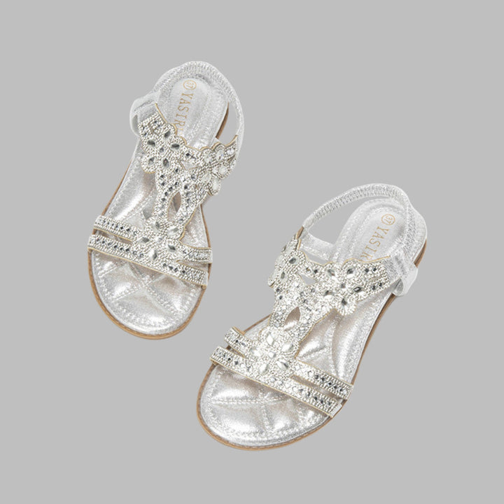 Emilia Damen Frühlingssandalen: flach, bequem und stilvoll mit Blumenapplikationen für sommerliche Eleganz.