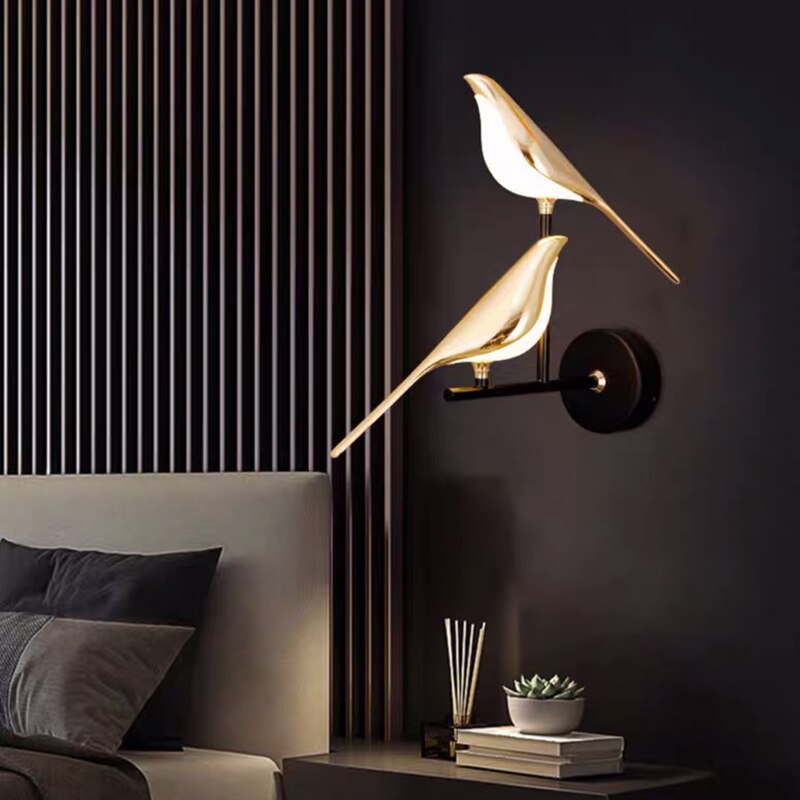 "Elegante goldene LED-Vogel-Wandleuchte, nordisches Design, moderne Beleuchtung für Wohnzimmer oder Schlafzimmer."