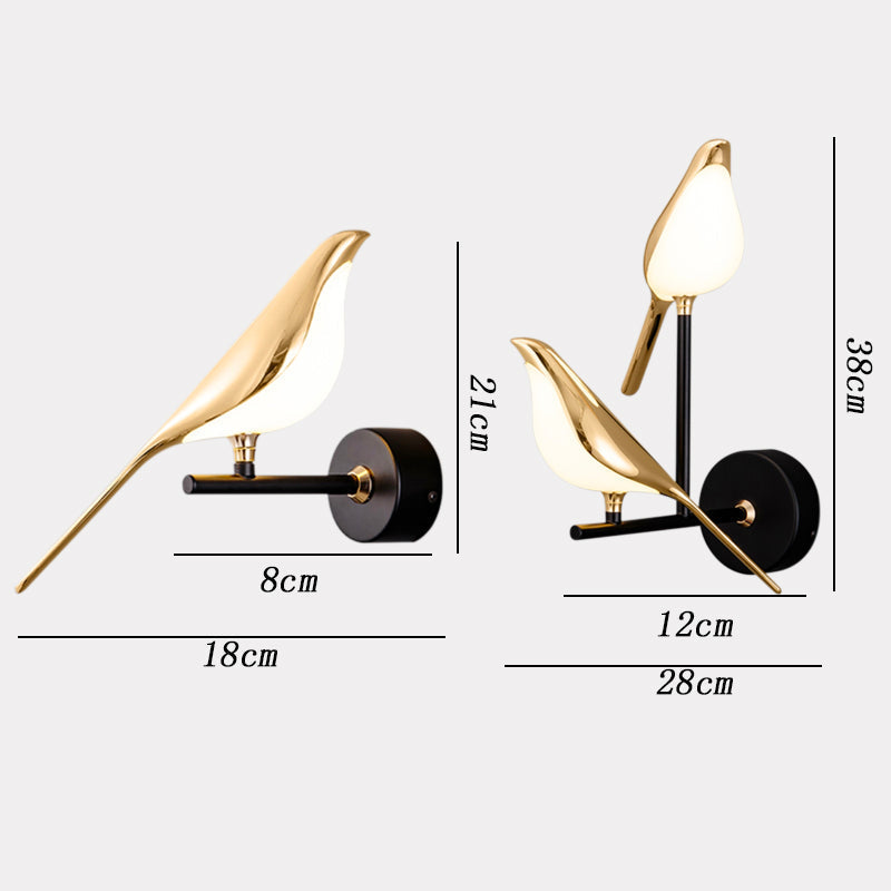 "Elegante goldene LED-Vogel-Wandleuchte, nordisches Design, moderne Beleuchtung für Wohnzimmer oder Schlafzimmer."