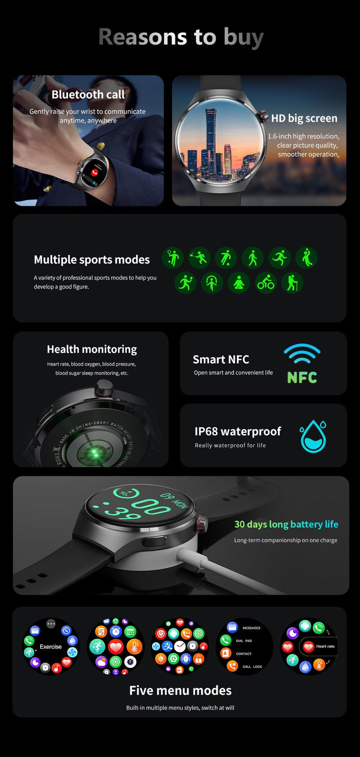 "Elegante GT4 Pro Smartwatch Herren, wasserdicht, schwarzes Gehäuse, AMOLED Display, GPS-Tracker, ideal für Sport"