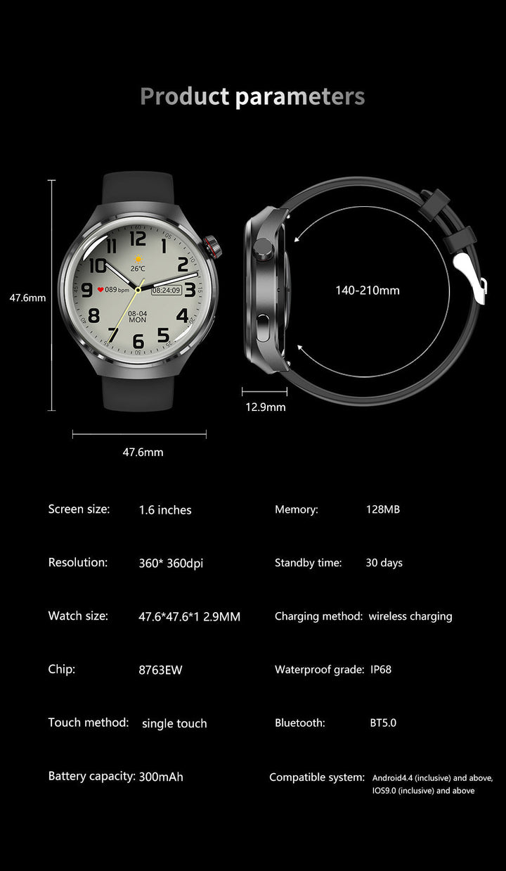 "Elegante GT4 Pro Smartwatch Herren, wasserdicht, schwarzes Gehäuse, AMOLED Display, GPS-Tracker, ideal für Sport"