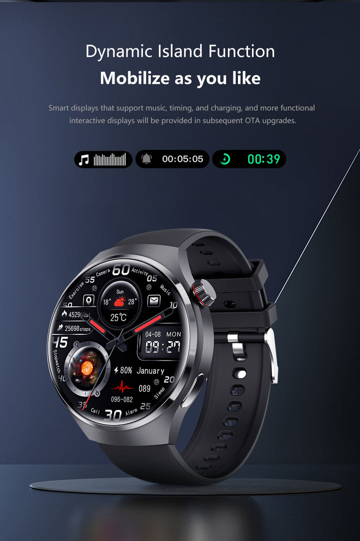 "Elegante GT4 Pro Smartwatch Herren, wasserdicht, schwarzes Gehäuse, AMOLED Display, GPS-Tracker, ideal für Sport"