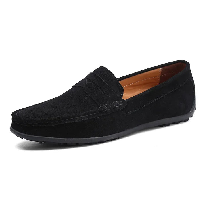 Herren Business Casual Loafers, schwarzes Leder, bequeme Slip-Ons für Büro und Frühling.