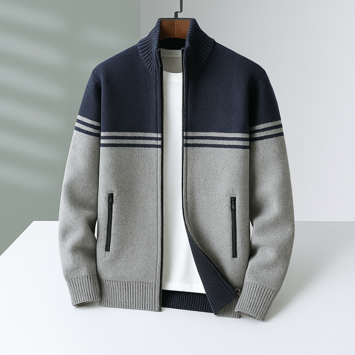 Elegante Herren Strickjacke mit Reißverschluss & geripptem Saum. Bequeme Freizeitjacke für Herbst & Winter.