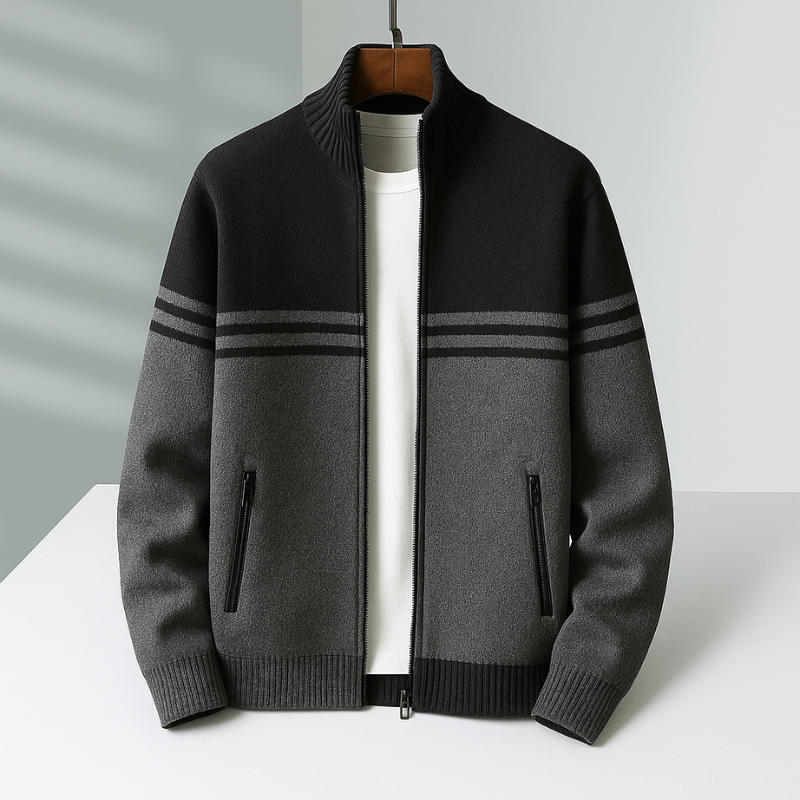 Modische Herren Strickjacke mit Reißverschluss, langärmlig. Lässige Oberbekleidung & Übergangsjacke für Männer.