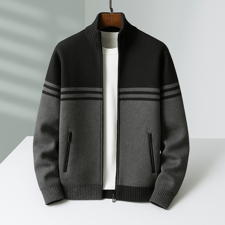 Modische Herren Strickjacke mit Reißverschluss, langärmlig. Lässige Oberbekleidung & Übergangsjacke für Männer.