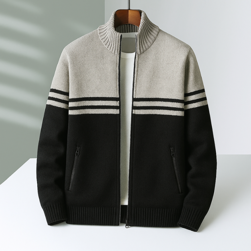 Warme Herren Reißverschlussjacke aus Strick mit gerippten Bündchen. Ideal als Alltagskleidung & Männerkleidung.