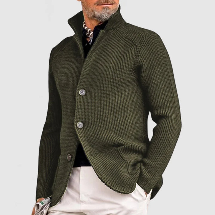 "Elegante Herrenstrickjacke mit Taschen, zeitlose graue Strickoptik, perfekte Passform für stilvolle und funktionale Outfits.