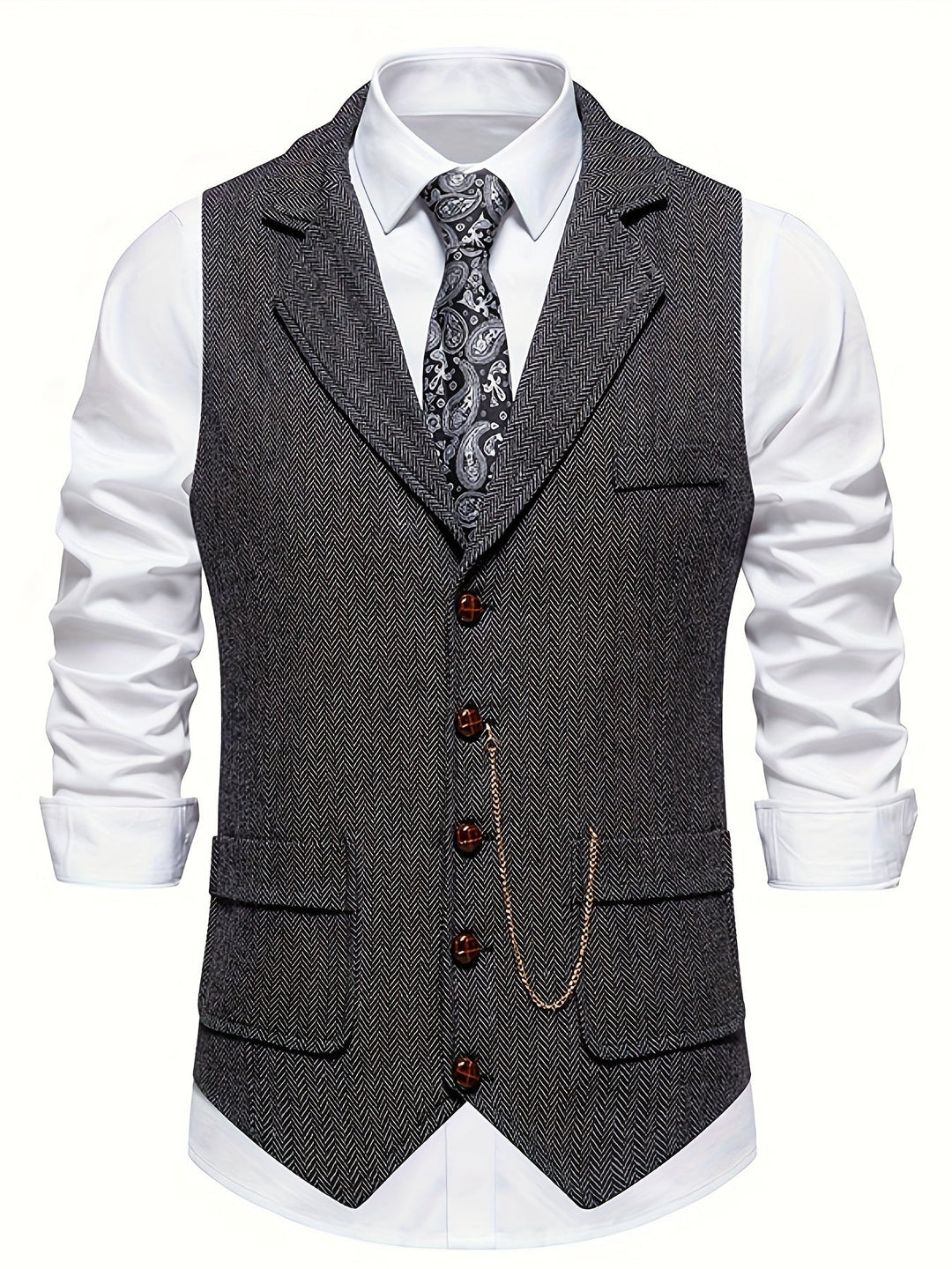 Elegante Herrenweste im Retro-Stil mit feinem Fischgrätenmuster, perfekt für Business und Casual Anlässe.