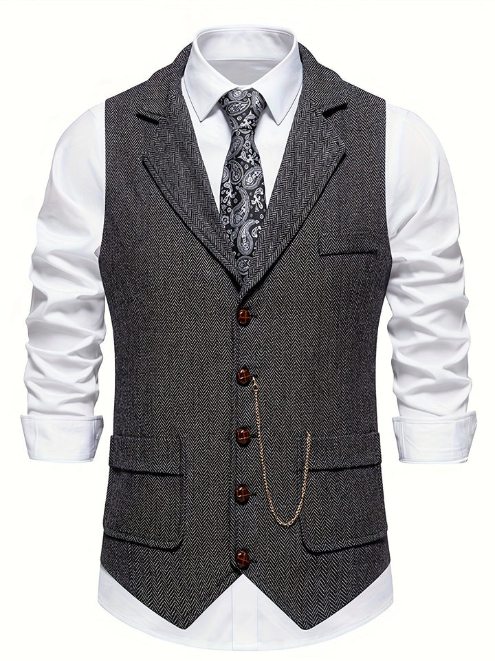 Elegante Herrenweste im Retro-Stil mit feinem Fischgrätenmuster, perfekt für Business und Casual Anlässe.