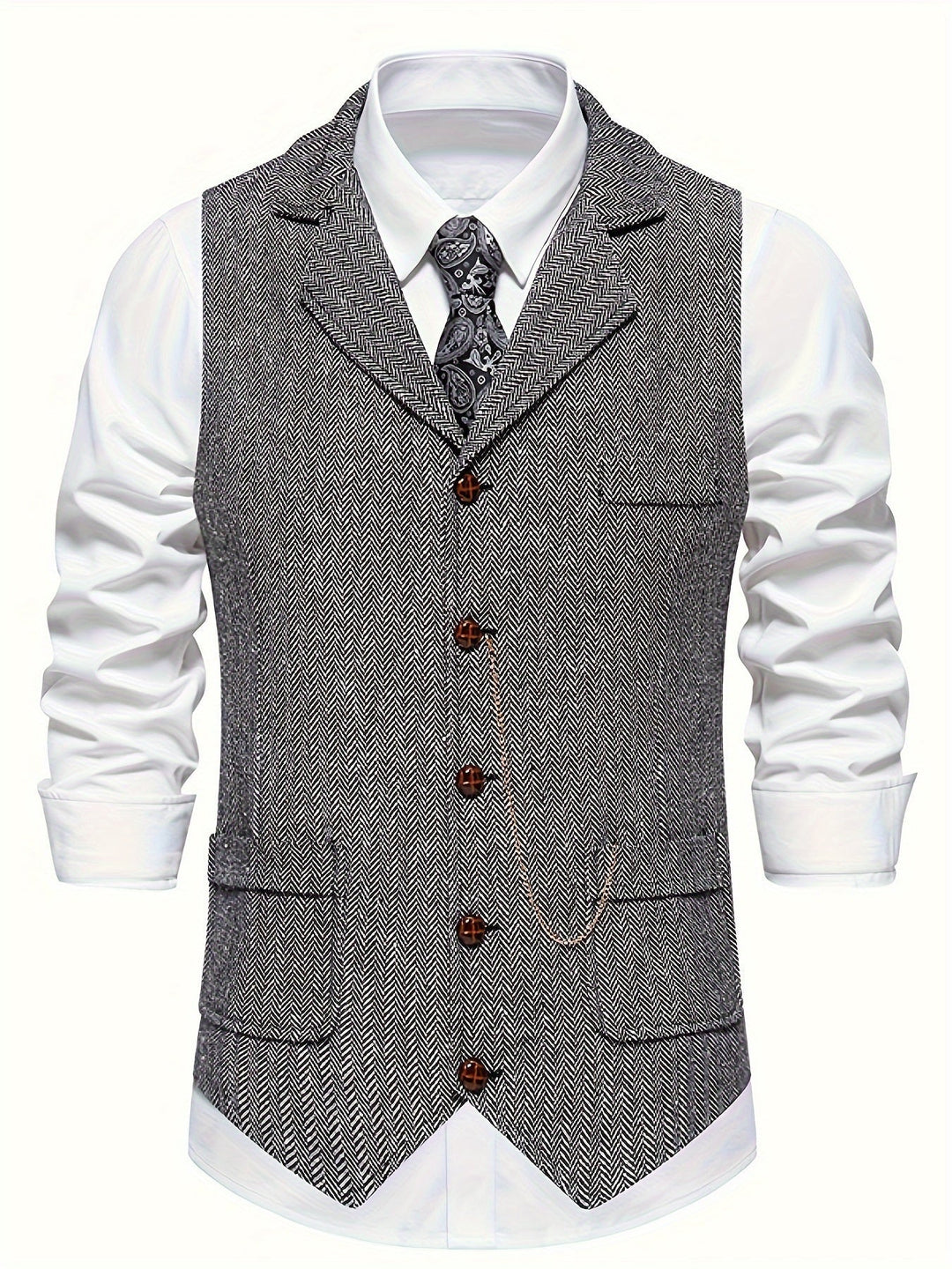 Stilvolle Herren-Weste, Retro-Fischgrätenmuster für zeitlose Eleganz in der Herrenmode, vielseitig kombinierbar.