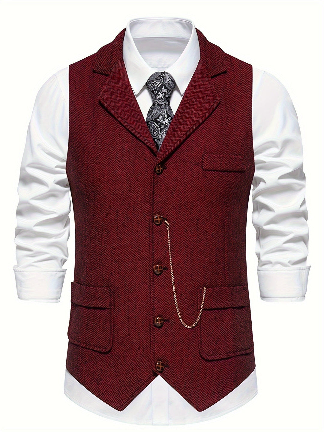 Lässige, doch elegante Retro-Herrenweste mit markantem Fischgrätenmuster für einen smarten Casual-Look.