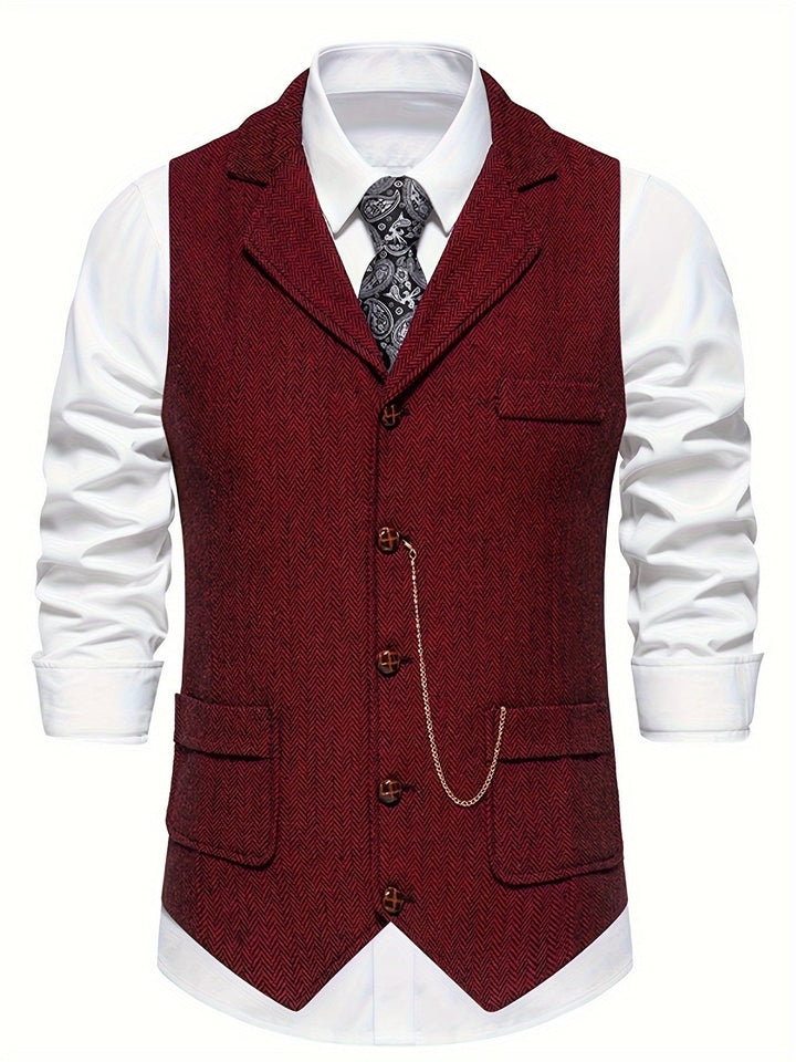 Lässige, doch elegante Retro-Herrenweste mit markantem Fischgrätenmuster für einen smarten Casual-Look.