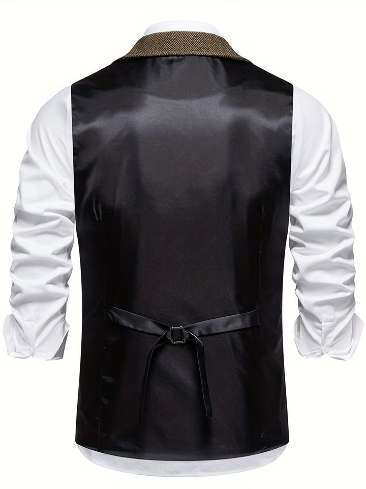 Rückenansicht der Slim-Fit Herren-Anzugweste mit verstellbarem Riegel und elegantem Fischgrätenmuster.