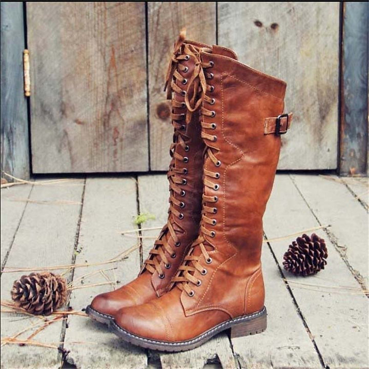 Elegante Lena Damen Schnürstiefel im Reitstil, braun, hohe Stiefel, bequemer Alltagsschuh