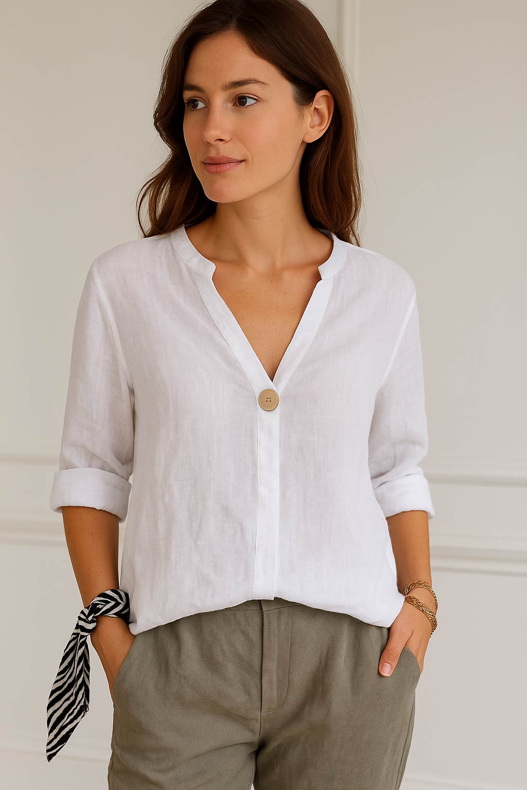 Modische Damenbluse mit V-Ausschnitt, lässigem Schnitt & feinen Knopfdetails, ideal für den Sommer & Freizeit.