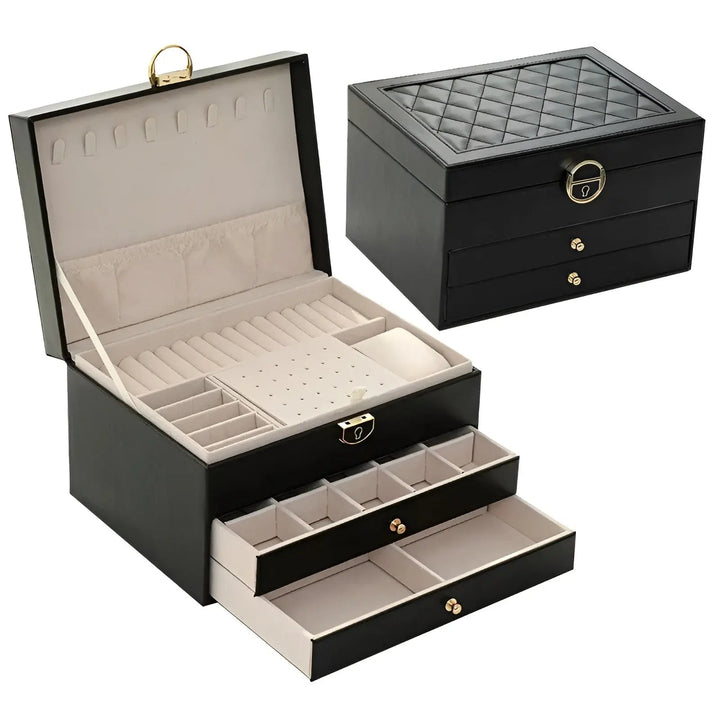 Geschlossene, schlichte Schmuckbox aus edlem PU-Leder, ideal als Schmuck Organizer & stilvolles Accessoire.