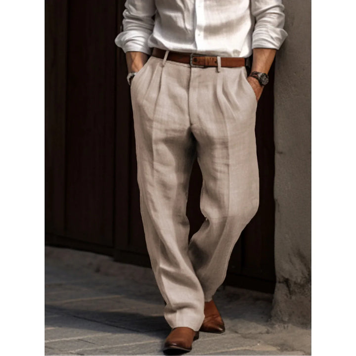 "Elegante plissierte Herren Leinenhose in verschiedenen Farben, atmungsaktiv und stilvoll für jeden Anlass geeignet."