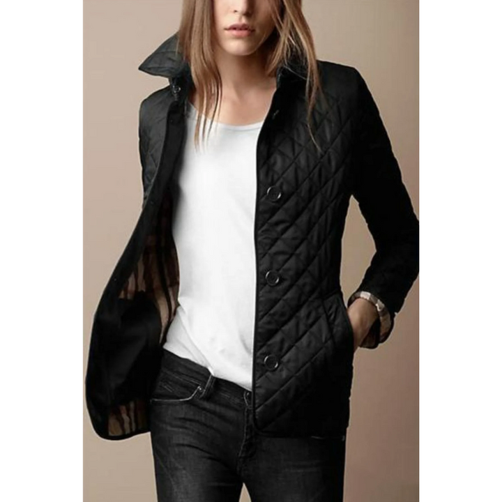 Elegante rote Damen Winter Steppjacke mit Knöpfen, warm und stilvoll für die kalte Jahreszeit.
