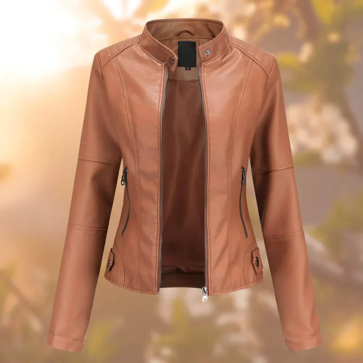 Trendige Frauenbekleidung: Klassische Damen Bikerjacke in Slim Fit. Ideal für einen eleganten Urban-Look im Herbst & Frühling.