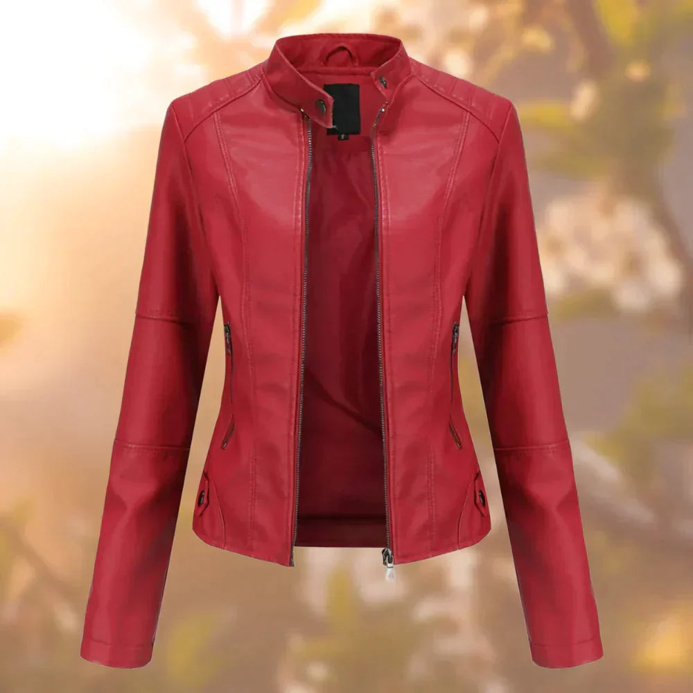 Schicke Damenjacke im Bikerstil. Eine elegante Slim Fit Jacke für den Frühling und Herbst, perfekt für einen modischen Auftritt.