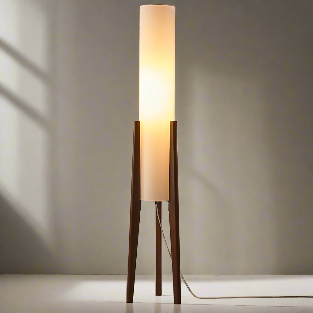 "Elegante Walnuss Stehlampe aus Massivholz mit LED und Stoffschirm, modernes Design, warmes und dreifarbiges Licht"