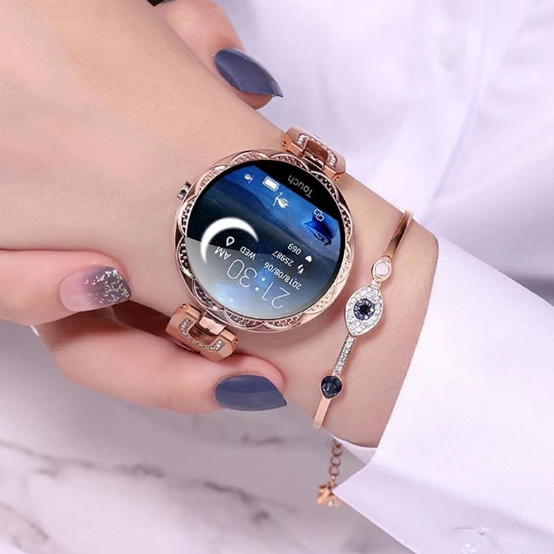 Elegante, wasserdichte Damen Smartwatch mit Herzfrequenzmesser, ideal für Sport & Alltag.