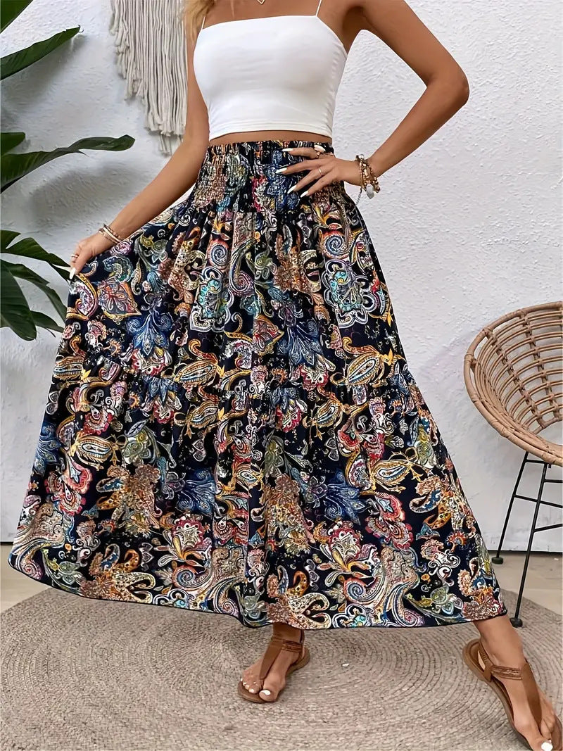 Lebhafter Blumenrock für Damen, mit fließender A-Linien-Silhouette, perfekt für einen femininen und eleganten Auftritt.