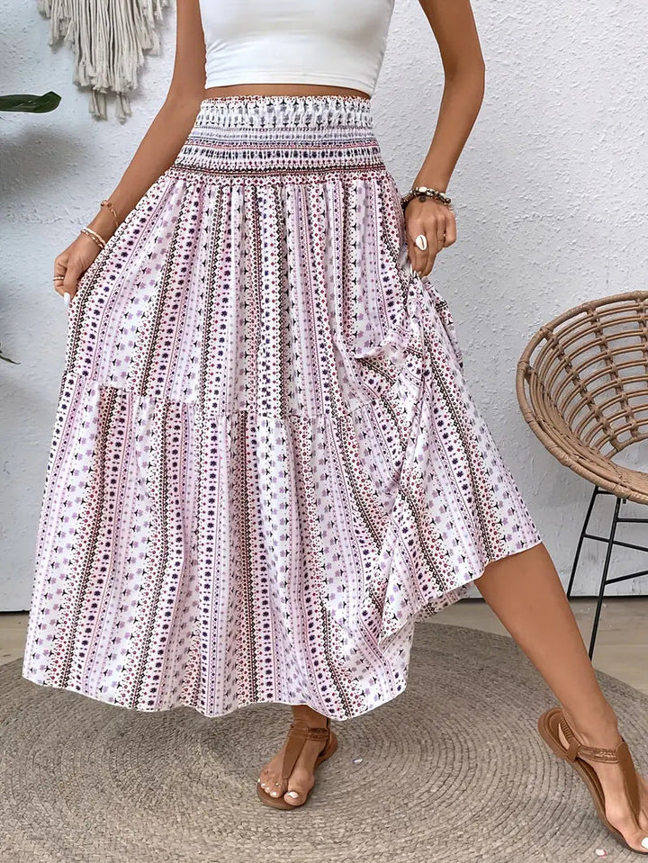 Modischer A-Linien Blumenrock für Damen, mittellang und fließend, ein Key-Piece für eine stilvolle Frühlingsgarderobe.