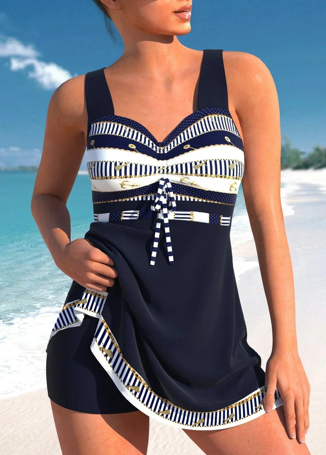 Moderner Damen Sommer Badeanzug im Kleid-Stil, ideal als Strandmode und Urlaubskleidung.
