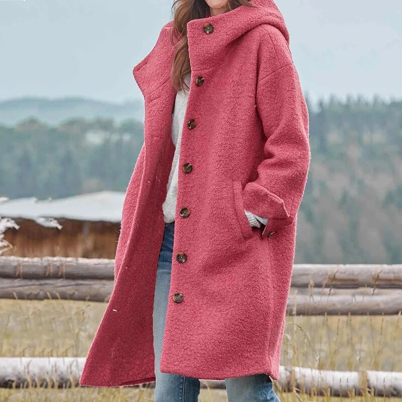 Stilvoller rosa Damen Übergangsmantel, lang geschnitten. Eleganter Büromantel für moderne Herbst-Looks.