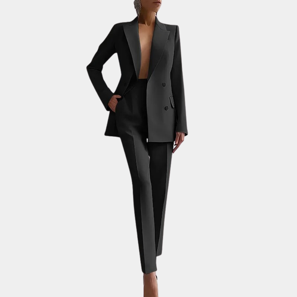 Maßgeschneiderter Damenanzug: Zweireihiger Blazer & Hose. Klassischer, stilvoller Business-Look.