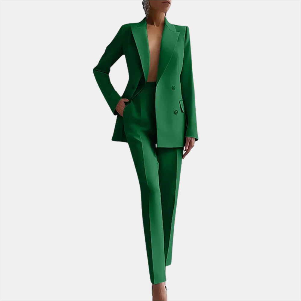 Zweiteiliger Damenanzug: Eleganter Zweireiher-Blazer und maßgeschneiderte Hose. Moderner Büro-Chic.