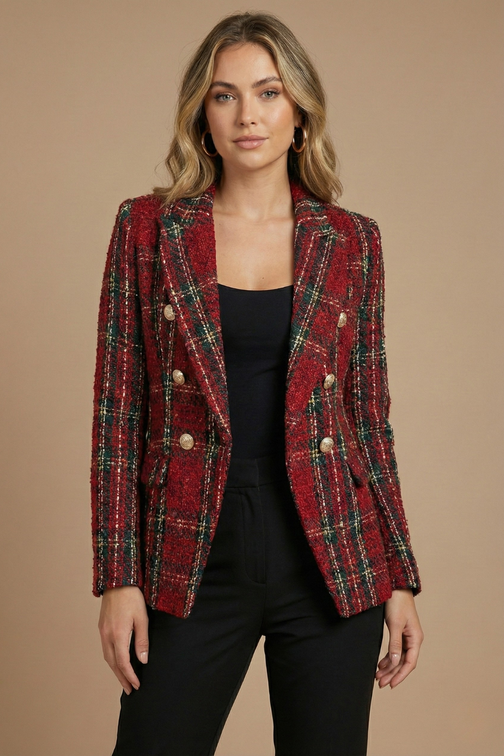 Warmer karierter Langarm Blazer für Damen, doppelreihig, als elegante Herbst- oder Winterjacke.