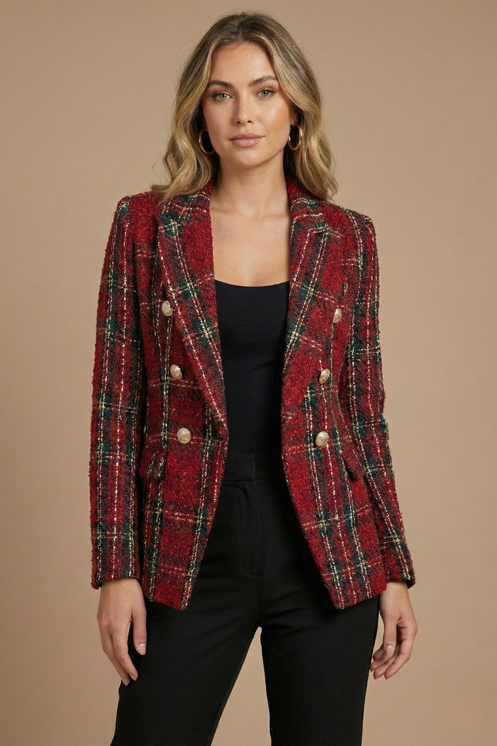 Warmer karierter Langarm Blazer für Damen, doppelreihig, als elegante Herbst- oder Winterjacke.