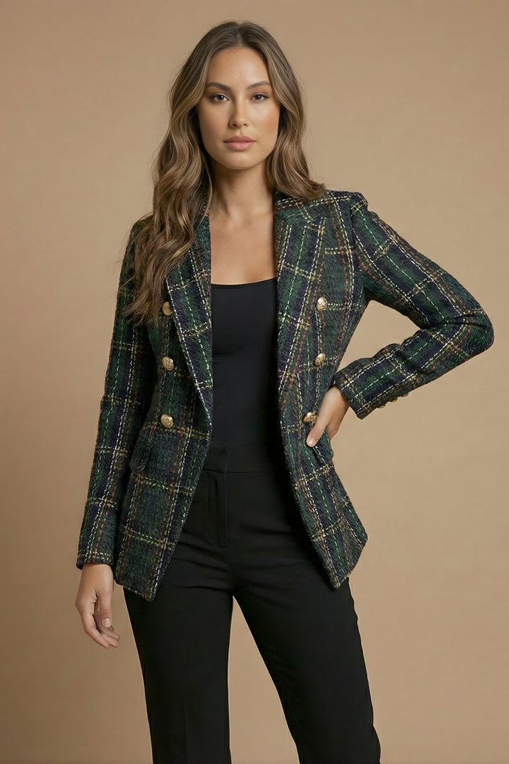 Modischer Damen Winter Blazer, kariert und doppelreihig, als elegante Oberbekleidung für Herbst und Winter.